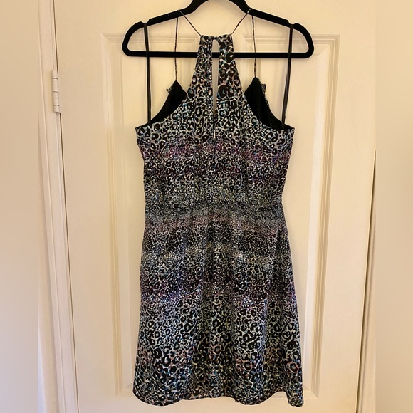 BCBGeneration Leopard Black Blue Purple Tie Halter Dress - Picture 3 of 5